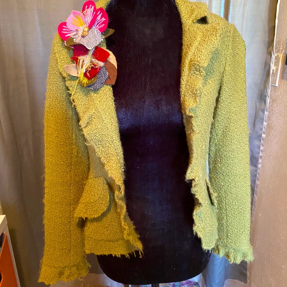 Green Blazer with Floral Lapel Pin